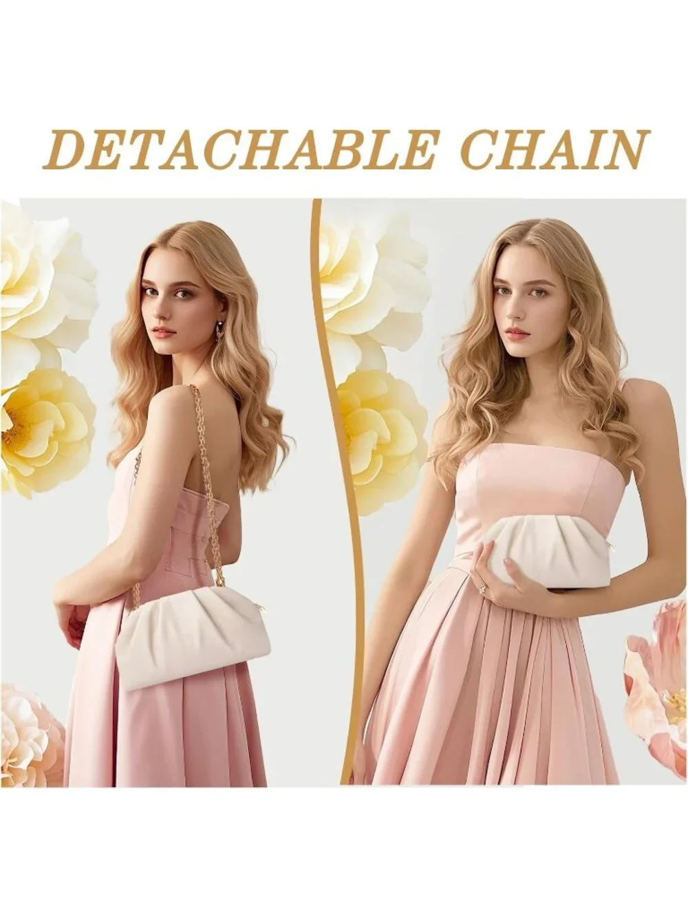 Women's Beige Gold Soft Pleated Pu Clutch Purse Elegant Evening Wedding Bag